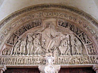 The tympanum(ティンパヌム) of Vézelay Abbey(サント＝マドレーヌ大聖堂 (ヴェズレー)), Burgundy, France, 1130s, has much decorative spiral detail in the draperies.