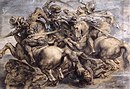 La lluita per l'estendard de la Batalla d'Anghiari, anònim segons Leonardo da Vinci, reelaborat i ampliat per Peter Paul Rubens, diverses tècniques abans de 1550 (reelaborat en 1603).