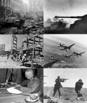 За годинниковою стрілкою з лівого верхнього кутка: Танки 1-го Білоруського фронту на вулицях Познані; Німецький «Тигр» у Курській битві; Німецькі бомбардувальники Junkers Ju 87 (зима 1943–1944); Розстріл радянських євреїв солдатами айнзатцгрупи; Вільгельм Кейтель підписує акт про капітуляцію Німеччини; Радянські солдати в битві за Сталінград.