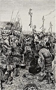 Arrivée d'Hannon au camp des mercenaires. Gravure de Champollion d'après Rochegrosse, 1900.