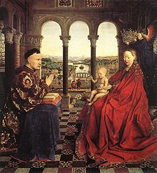 Jan van Eyck, Madonna del cancelliere Rolin, c. 1435. L'opera è stata dipinta per Nicolas Rolin, un importante cancelliere di Borgogna, ritratto alla destra della Vergine