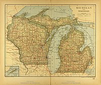 Мичиган (справа) и Висконсин на карте 1894 года
