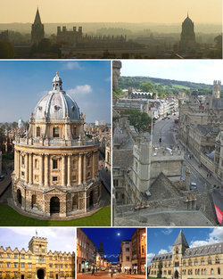 Oxfordin siluetti kuvattuna Pyhän Marian kirkosta; Radcliffe Camera; High Street kuvattuna itään päin; University Collegen keskusaukio; High Street yöllä; Luonnonhistorian museo ja Pitt Riversin museo.