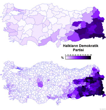 Halkların Demokratik Partisi'nin il ve ilçe bazında oy oranlarının yoğunluğunu gösteren harita