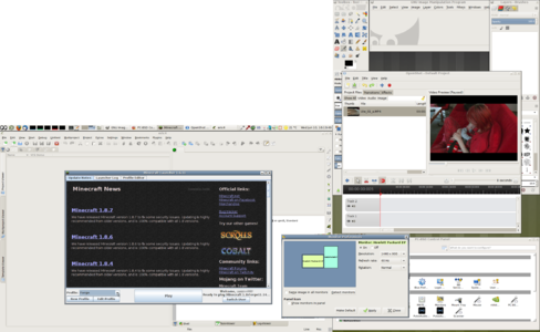 Screenshot of a PC-BSD 10.1.2 desktop (MATE) with dual monitor (dual head, pivot). The running free and open-source (FOSS) programs are: GIMP, OpenShot, file manager, Eric Python development IDE. Also shown: Minecraft 1.8.7 (with "Forge" mods).