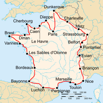 Map of France with the route of the 1927 Tour de France