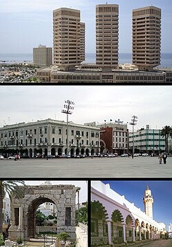 Top: Turnurile That El Emad, Mijloc: Piața Verde, Stânga: Arcul Marcus Aurelius, Dreapta: Souq al-Mushir – Tripoli Medina