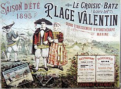 Affiche publicitaire pour la plage Valentin, montrant un couple de paludiers en costume.