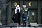 Sjojgu med rysk-ortodoxa kyrkans patriark Kirill vid invigningen av Huvudkatedralen för de ryska väpnade styrkorna i Moskva, 14 juni 2020.