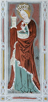 Santa Bárbara, como aparece num afresco do século 15, na abside da igreja de São Tiago em Val Gardena, Itália. (definição 2 900 × 6 133)