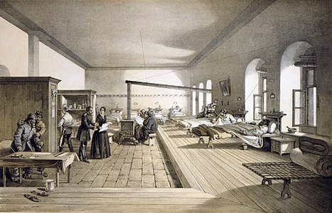 Kırım Savaşı sırasında, Selimiye Kışlası'nın İngilizler tarafından hastane olarak kullanıldığı dönemi gösteren 1856 tarihli taş baskı. (Üreten: William Simpson)