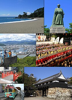 From top left: Katsurahama, Statue of Sakamoto Ryoma, View of Kōchi from Mt. Godai, Yosakoi Festival, Harimayabashi, Tosa Electric Railway, Kōchi Castle