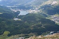 Pădurea și lacul Staz (în prim-plan), lacul și localitatea St. Moritz