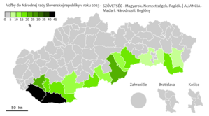 Mapa výsledkov strany SZÖVETSÉG – ALIANCIA