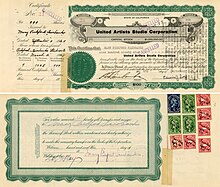 Certificato di United Artists Studio Corporation per 999 azioni a 100 dollari l'una, emessa il 4 settembre 1929 a Mary Pickford Faribanks e da lei firmata sul retro nell'originale (immagine in basso)