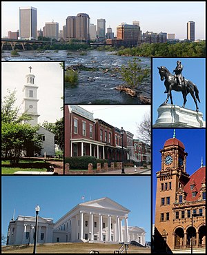 Top: Skyline above the falls of the James River Middle: St. John's Episcopal Church, Jackson Ward, Monument Avenue. Bottom: Virginia State Capitol, Main Street Station