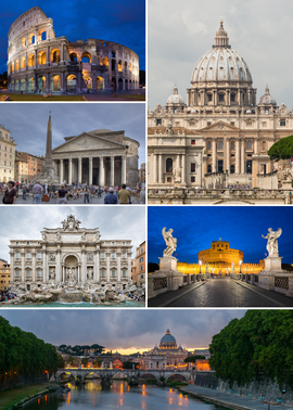 羅馬 名勝，右上順時針起依序為：聖伯多祿大殿[註 1]、聖天使城堡、聖天使橋與台伯河、特雷維噴泉、万神庙、羅馬競技場