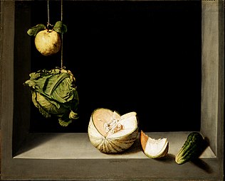 Still Life with Quince, Cabbage, Melon, and Cucumber, c. 1602, 69 × 84 cm, San Diego Museum of Art.