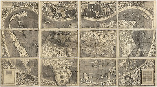 1507 yılında Martin Waldseemüller tarafından çizilmiş olan Universalis Cosmographia adlı duvar haritası. Haritada Amerika, Afrika, Avrupa, Asya'nın dışında Asya ile Amerika'yı ayıran Büyük Okyanus çizilmektedir. (Üreten: Martin Waldseemüller)