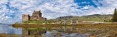 Panoramic view of Eilean Donan Castle in the western Highlands of Scotland.