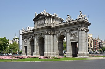 West side of Puerta de Alcalá (1774–1778). Architect : Francesco Sabatini (1722–1797). Madrid, Spain.