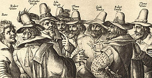 17世紀の服装をした8名の男性が描かれたモノクロの版画。描かれた人物は全てあごひげを生やしており、会合を開いている。