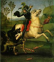 Saint George and the Dragon, a small work (29 x 21 cm) for the court of Urbino (Louvre)