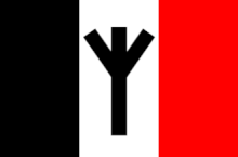Algiz-Rune auf Flagge der Organsiation Volksfront, USA; Organisation bestand von 1994 – 2012