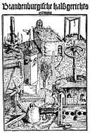 Tresnitt fra 1500-tallet som viser torturinstrumenter fra Nürnberg i Tyskland, blant annet hjul og steile, gapestokk og galge.