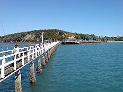 Takaparawhau / Bastion Point seen from the fishing pier jutting out into the Waitematā Harbour.