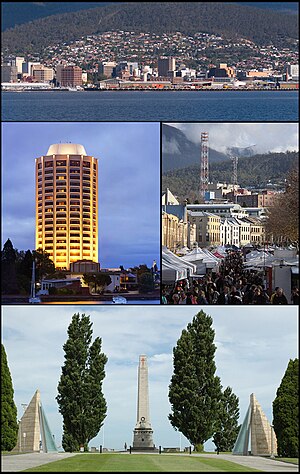 Left to right from top: Hobart CBD; Wrest Point Hotel Casino; Salamanca Market; Hobart Cenotaph