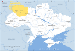 Volīnijas teritorija (dzeltenā krāsā) mūsdienu Ukrainas kartē.