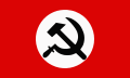 Bandera del Partíu Nacional Bolxevique de Rusia (1993-2010), paecida a la de l'Alemaña nazi, col focete y el martiellu en llugar de la esvástica.