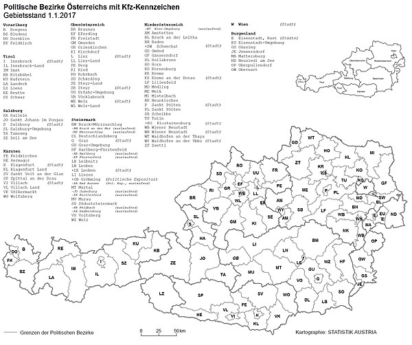Karta Austrije sa svih 94 okruga i statutarnih gradova