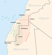 Carte d'Afrique du Nord-Ouest représentant deux zones de répartition allongées : une verte (« Reguibat Sahel ») située entre Smara et Atar, et une rouge (« Reguibat Lagouacem ») située entre Atar, Goulimine et Tindouf.