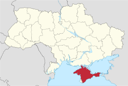 ที่ตั้งของ สาธารณรัฐปกครองตนเองไครเมีย  (แดง) ในยูเครน  (เหลืองอ่อน)