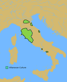 Villanovako kulturaren hedapena K.a. 900. urtean Italiako mapa batean