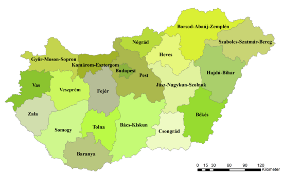 Kaart van de 19 comitaten van Hongarije