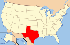 Peta Amerika Syarikat dengan nama Texas ditonjolkan