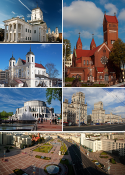 Theo chiều kim đồng từ hình trên bên trái: Toà thị chính thành phố Minsk, Nhà thờ đỏ, Quảng trường ga đường sắt, Quảng trường độc lập, Nhà hát quốc gia và rạp ballet, Nhà thờ Các Thánh Peter và Paul.