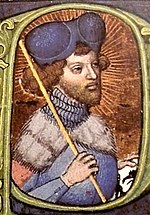 Kralj Venčeslav IV. na prestolu, ilustracija iz Vaclavove biblije, 90. leta 14. stoletja
