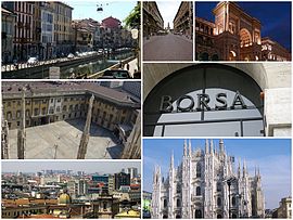 A collage of Milan: The Navigli to the top left, followed by the Via Dante which leads to the Castello Sforzesco, then by the Galleria Vittorio Emanuele II, the Royal Palace of Milan, the Milan Stock Exchange, a view of the city and finally the Duomo.