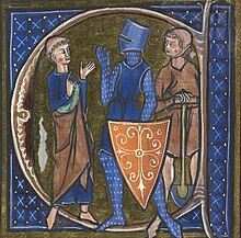 一幅插画，描绘了一个头顶后部剃光的人，一个身着盔甲、手持盾牌的人，以及一个手持铲子的人