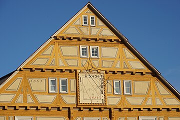 Timber framing and sundial in Tübingen, Germany