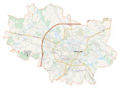 Mapa konturowa Wrocławia, blisko centrum na dole znajduje się punkt z opisem „Wrocław Świebodzki”