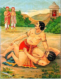 Lukisan India yang menggambarkan adegan Bima bergulat dengan Jarasanda (bawah), sementara Arjuna dan Kresna menyaksikan dari kejauhan.