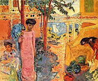 DPeinture en couleur figurant, dans un décors coloré trois femmes dont l'une porte un perroquet.