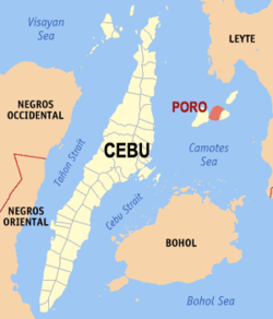 Mapa ng Cebu na nagpapakita sa lokasyon ng Poro.