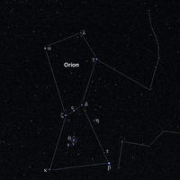 Lage des Orionnebels im Sternbild Orion, wie es mit bloßem Auge wahrgenommen werden kann (Bezeichnung der hellsten Sterne nach der Uranometria): Der Orionnebel liegt 5° südlich des mittleren der Gürtelsterne ζ, ε und δ und ist mit einem Kreis um θ Orionis gekennzeichnet.