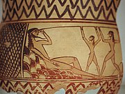 Aveuglement de Polyphème. Cratère argien. VIIe siècle. Musée archéologique d'Argos.